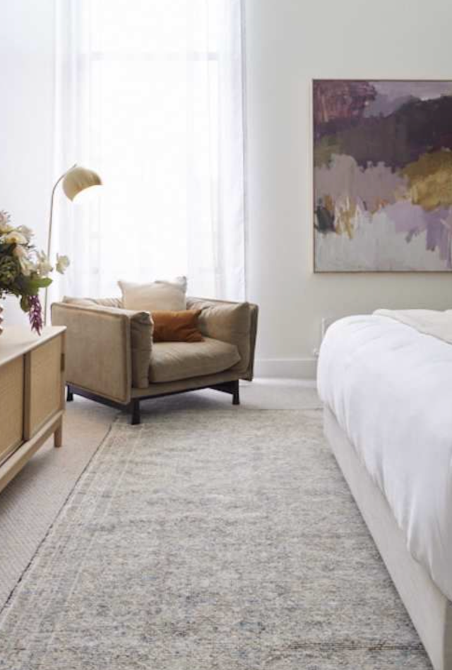 Revival Oushak Rug Washed Indigo Ronnie & Main Bedroom 202